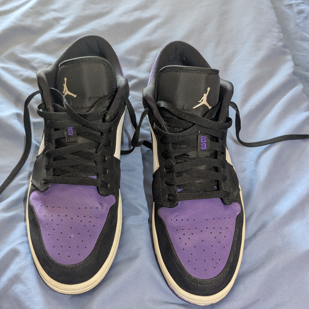 Jordan Black and Purple Athletic Shoes with Retro Design